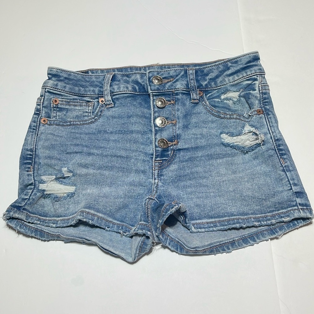 American Eagle - Hi Rise Shortie distressed blue jean shorts - size 2